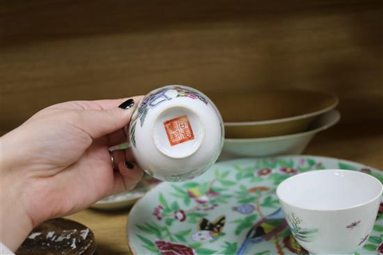 Two Chinese tea bowls , Cantonese cup and saucer, plate and two dishes